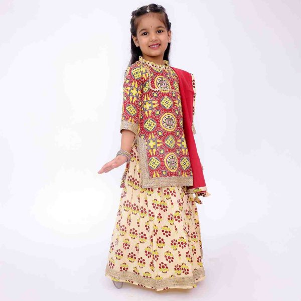 Yellow Red Kurta Skirt Set With Dupatta For Girls