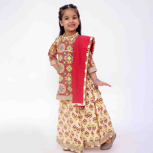 Yellow Red Kurta Skirt Set With Dupatta For Girls