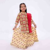 Yellow Red Kurta Skirt Set With Dupatta For Girls