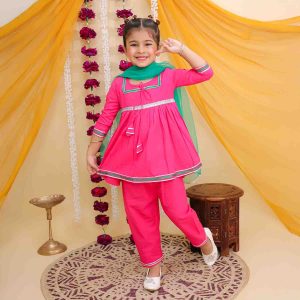 Pink Anarkali Suit Set With Green Dupatta