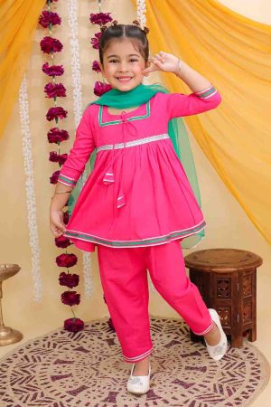 Pink Anarkali Suit Set With Green Dupatta