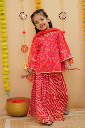 Red Bandhani Peplum Sharara Suit