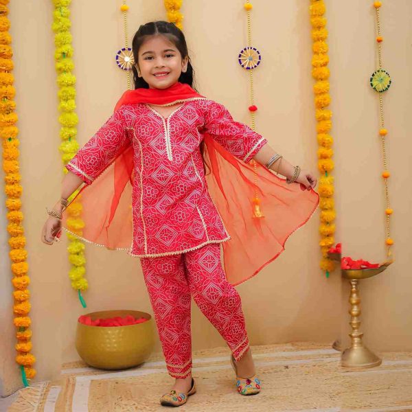 Red Bandhani Suits With Dupatta For Girls