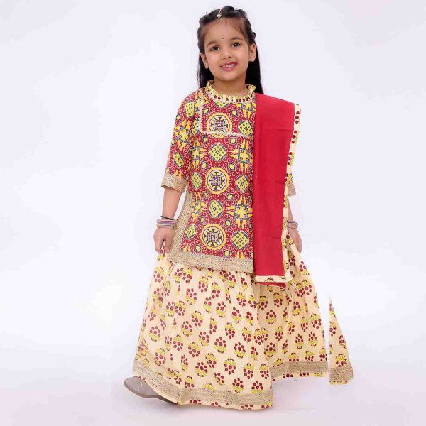 Yellow Red Kurta Skirt Set With Dupatta For Girls