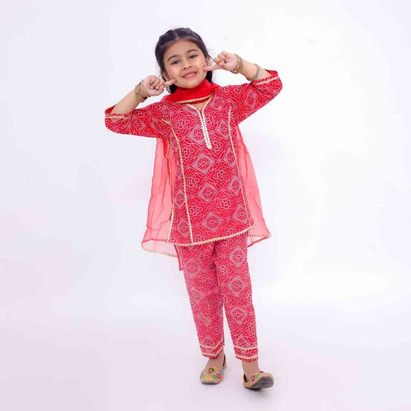 Red Bandhani Suits With Dupatta For Girls