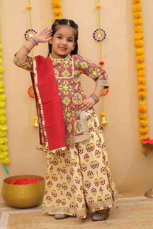 Yellow Red Kurta Skirt Set With Dupatta For Girls