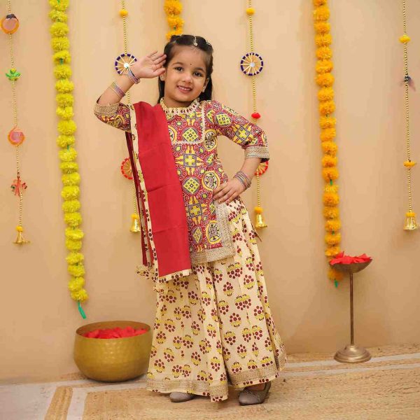 Yellow Red Kurta Skirt Set With Dupatta For Girls