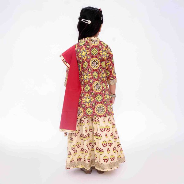 Yellow Red Kurta Skirt Set With Dupatta For Girls