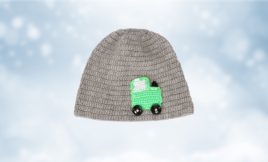 Grey Woollen Cap with Car Embroidery
