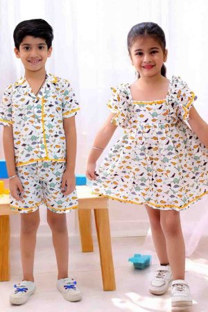 DIno Print Girls Frock & Boys Shorts Set