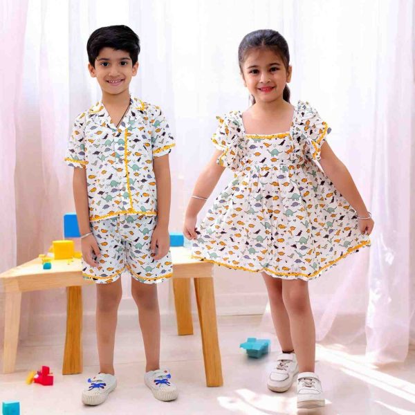 DIno Print Girls Frock & Boys Shorts Set