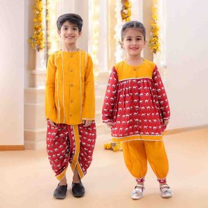 Camel Maroon Mustard Dhoti Kurta & Maroon Camel Co Ord Set