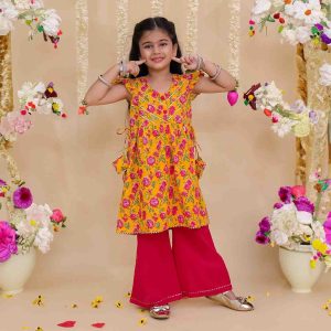 Yellow and Pink Kurta with Pink Pallazo