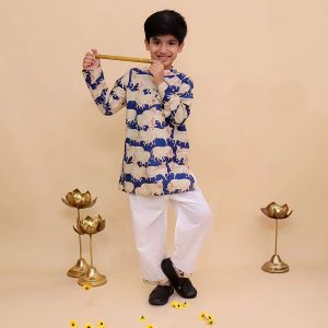 Navy Blue Cow Printed Kurta Pajama