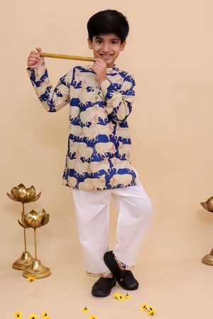 Navy Blue Cow Printed Kurta Pajama