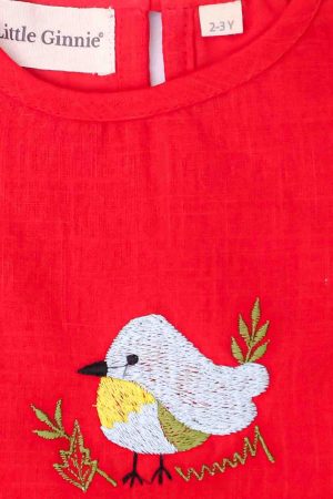 Red Bird Embroidery Frock with Bloomer