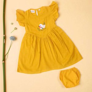 Mustard Bird Embroidery Frock with Bloomers