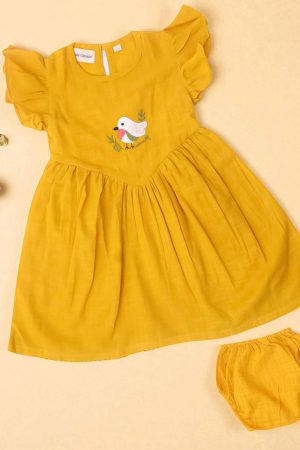 Mustard Bird Embroidery Frock with Bloomers