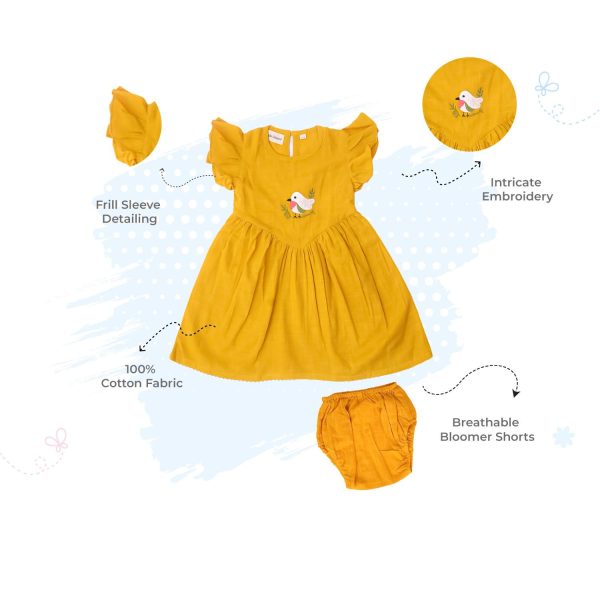 Mustard Bird Embroidery Frock with Bloomers