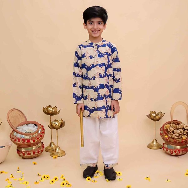 Navy Blue Cow Printed Kurta Pajama