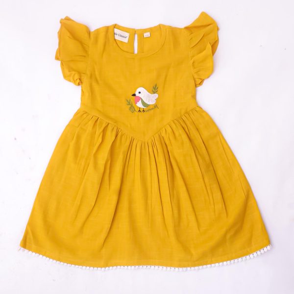 Mustard Bird Embroidery Frock with Bloomers