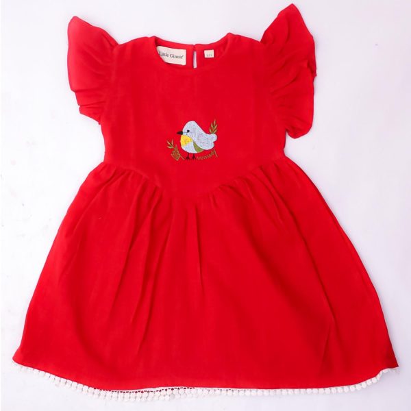 Red Bird Embroidery Frock with Bloomer