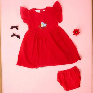 Red Bird Embroidery Frock with Bloomer