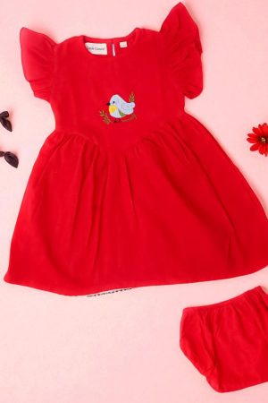 Red Bird Embroidery Frock with Bloomer