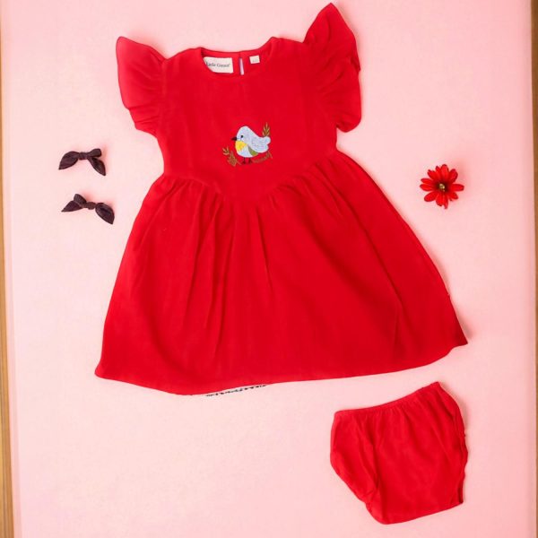 Red Bird Embroidery Frock with Bloomer