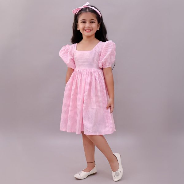 Girls Pink Gingham Frock with Hairband
