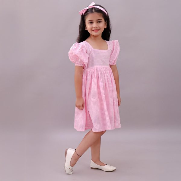 Girls Pink Gingham Frock with Hairband