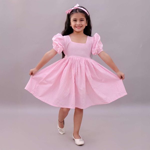 Girls Pink Gingham Frock with Hairband