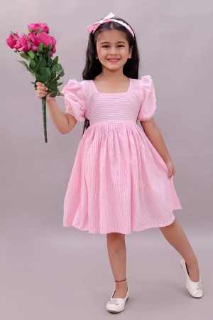 Girls Pink Gingham Frock with Hairband