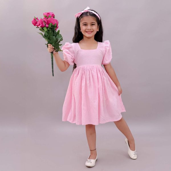 Girls Pink Gingham Frock with Hairband
