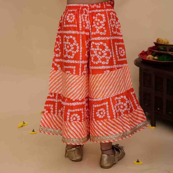 Girls Orange Bandhani Lehriya Sharara Suit with Dupatta