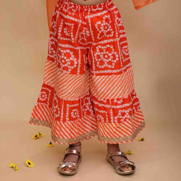 Girls Orange Bandhani Lehriya Sharara Suit with Dupatta
