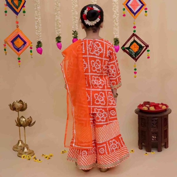 Girls Orange Bandhani Lehriya Sharara Suit with Dupatta