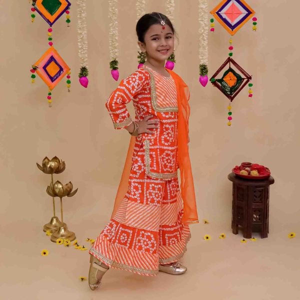 Girls Orange Bandhani Lehriya Sharara Suit with Dupatta