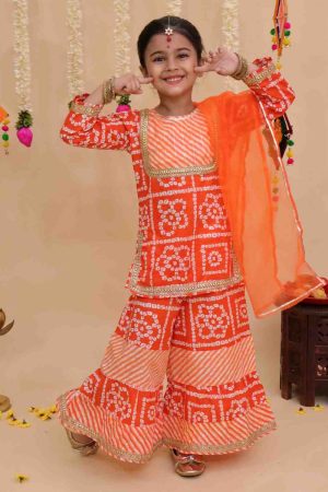 Girls Orange Bandhani Lehriya Sharara Suit with Dupatta