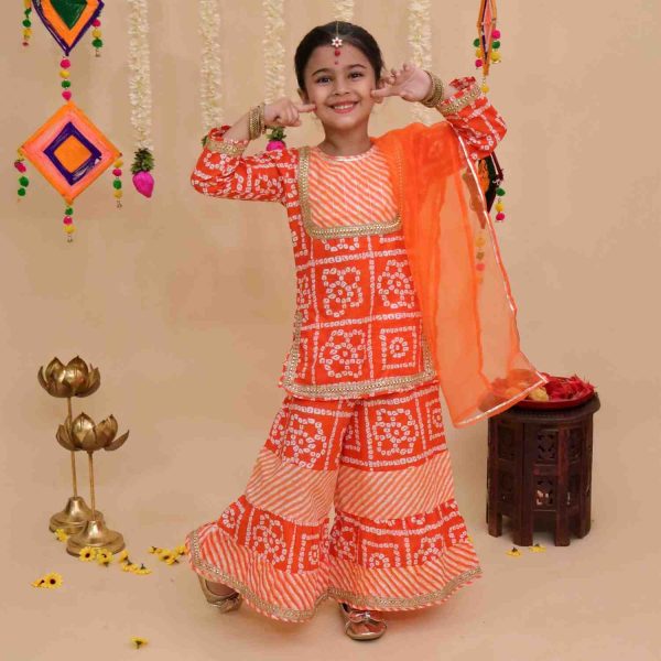 Girls Orange Bandhani Lehriya Sharara Suit with Dupatta