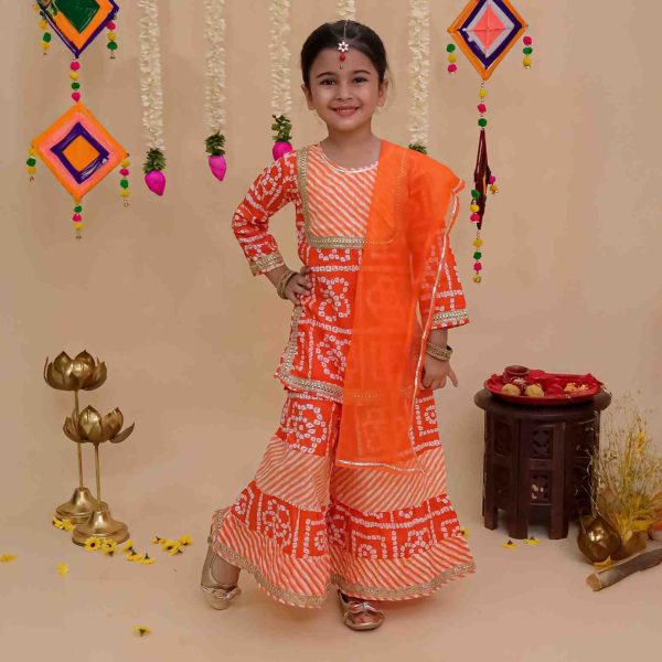 Girls Orange Bandhani Lehriya Sharara Suit with Dupatta