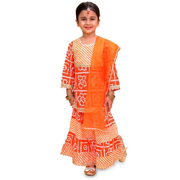 Girls Orange Bandhani Lehriya Sharara Suit with Dupatta