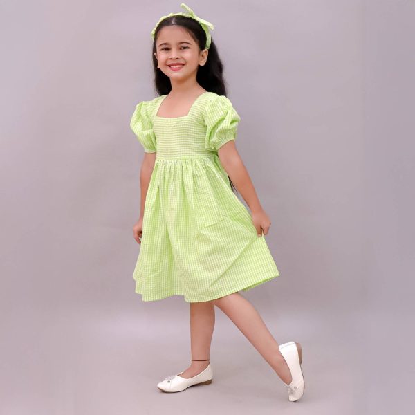 Girls Green Gingham Frock with Hairband