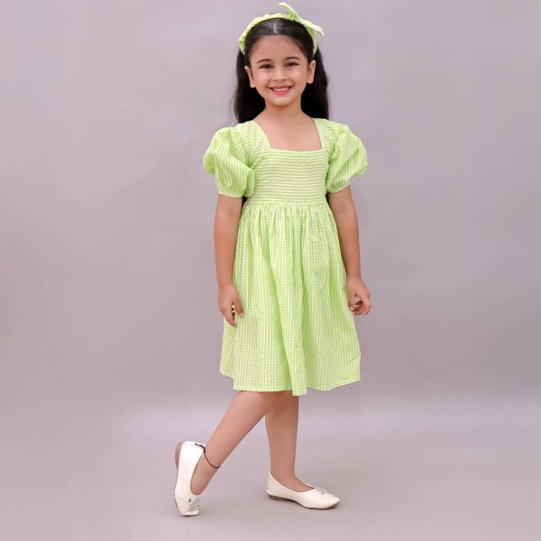 Girls Green Gingham Frock with Hairband