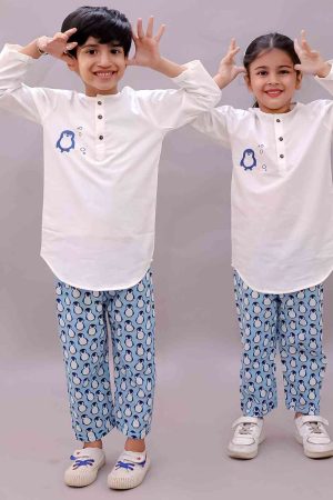 Kids Penguin Print Kurta Pajama Night suit