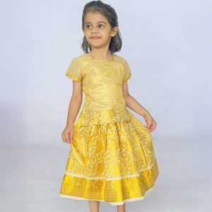 Girls Gold Lehenga Choli Ethnic Wear Checkered Lehenga & Crop Top