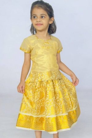 Girls Gold Lehenga Choli Ethnic Wear Checkered Lehenga & Crop Top