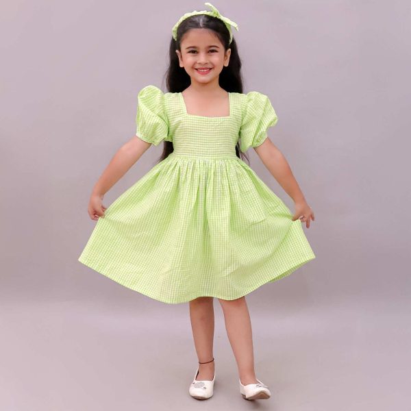 Girls Green Gingham Frock with Hairband