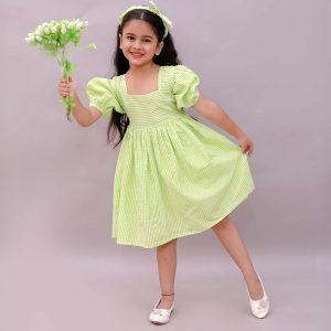 Girls Green Gingham Frock with Hairband