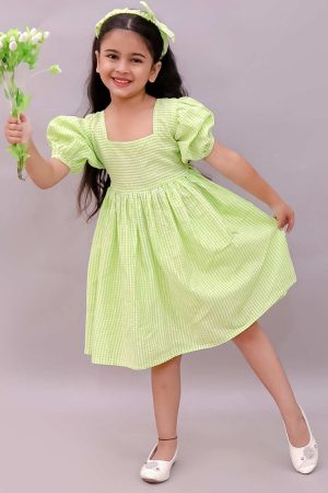 Girls Green Gingham Frock with Hairband